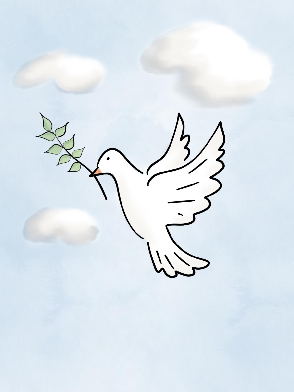 Gezeichnete Taube im Flug im Ölzweig im Schnabel. | Foto: Evangelisch-Lutherische Kirche in Bayern / fundus-medien.de Gezeichnete Taube im Flug im Ölzweig im Schnabel. | Foto: Evangelisch-Lutherische Kirche in Bayern / fundus-medien.de